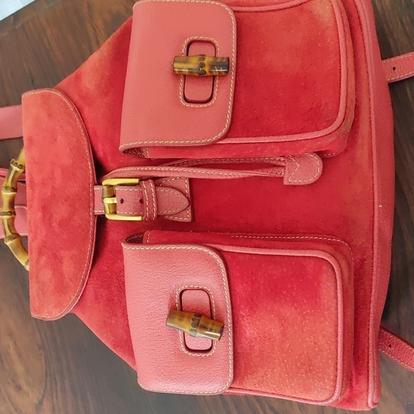 Red Suede Gucci Backpack Vintage Bamboo